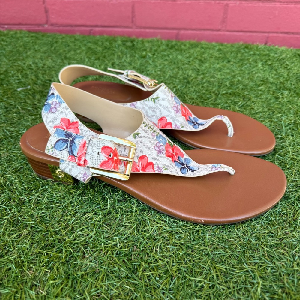Michael Kors Floral Logo Thong Wedge Sandals‎ Womens Size 9.5M - Picture 2 of 10